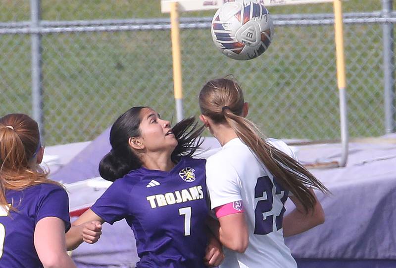 Mendota's Crystal Garcia looks to knock the ball down as Dixon's Makenzie Toms on Wednesday, May 1, 2024 at Mendota High School.