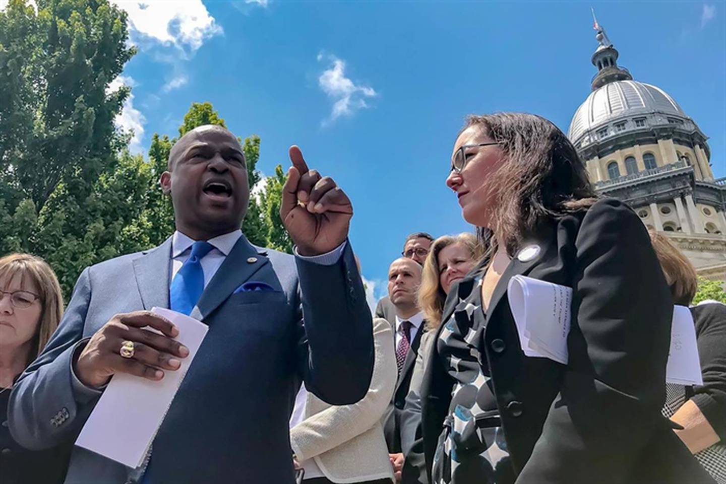 Reps. Emanuel "Chris" Welch of Hillside, who is now House speaker, and Kelly Cassidy of Chicago speak in 2019 at a rally for the Reproductive Health Act. (Capitol News Illinois file photo)