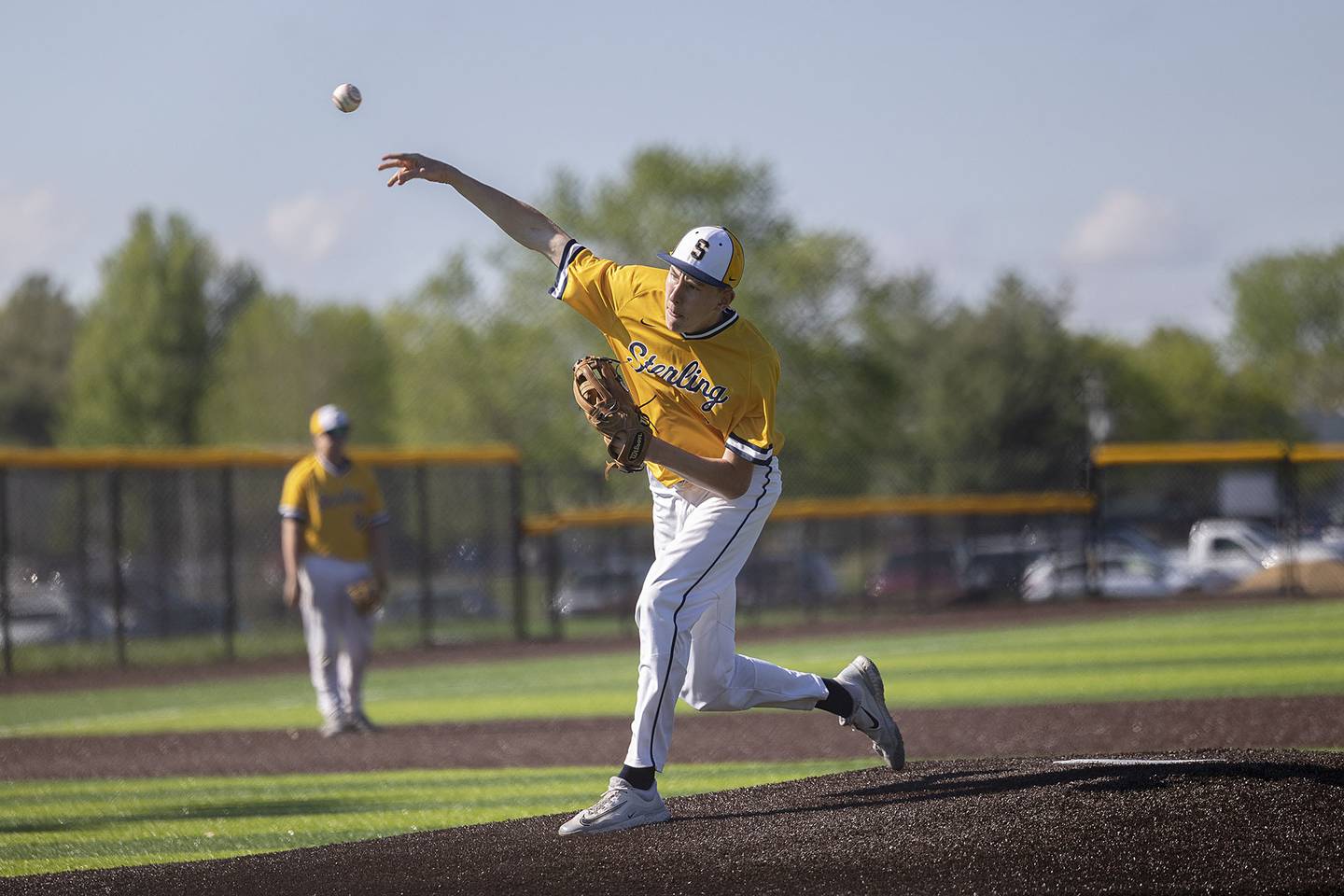 Sterling’s Rowan Workman fires a pitch against Princeton Tuesday, May 7, 2024 at Sterling’s Gartner Park.