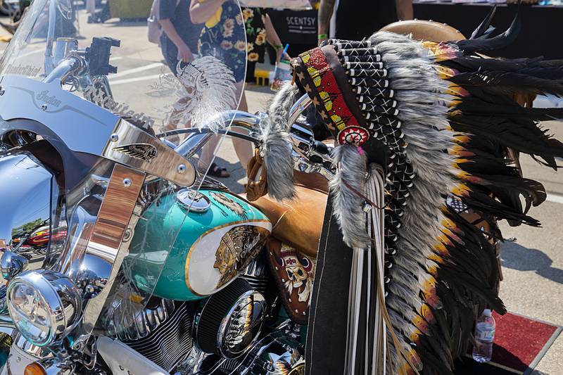 Bob Hartline’s 2014 Indian sits decked out with a headdress Sunday, Aug. 25, 2024, at Amboy’s Depot Days car show.