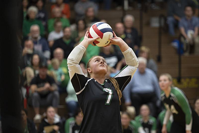 Rock Falls’ Denali Stonitsch sets the ball against Newman Thursday, Oct. 26, 2023 in the class 2A regional finals at Riverdale.