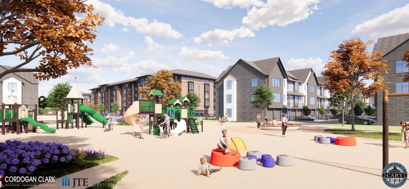A rendering shows the Cordogan Clark and Associates proposal for five-story apartment blocks with about 200 units oriented by Route 14 and surrounded by three-story buildings of 50 townhomes. The Cary Village Board selected Cordogan Clark as the developer for the site on Jan. 21, 2025.