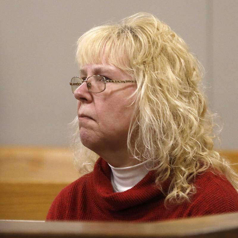 Peggy Lynn Johnson-Schroeder’s aunt Virginia Schroeder-Proffitt listens to court proceedings, as Linda La Roche’s attorney, Laura Walker, makes an argument before Racine County Circuit Court Judge Timothy Boyle on Monday March 13, 2023, at the Racine County Law Enforcement Center in Racine, Wisconsin. La Roche was convicted last year of first-degree intentional homicide in the death of Johnson-Schroeder and is now appealing her conviction.