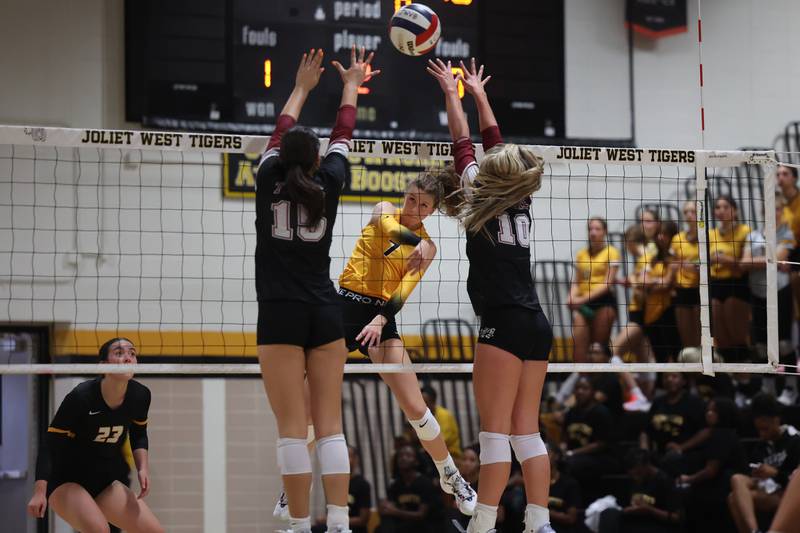 Joliet West’s Gabby Piazza powers a shot against Plainfield North on Wednesday, Sept. 6, 2023 in Joliet.