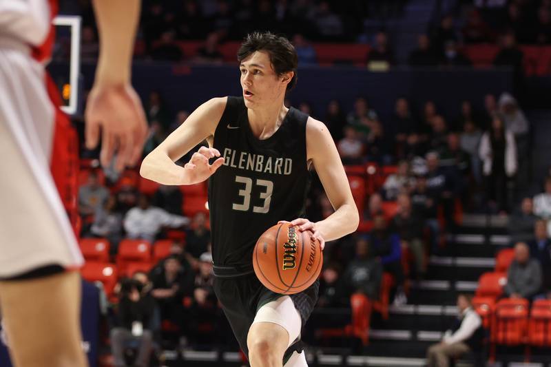 Glenbard West’s Bobby Durkin looks to make a play against Bolingbrook in the Class 4A semifinal at State Farm Center in Champaign. Friday, Mar. 11, 2022, in Champaign.