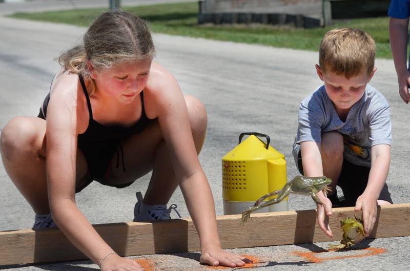 Georgia Walls, 9, and Nolan Sprecht, 6, of Hooppole, start their frogs in the Hooppole Fun Day's Frog Race held Saturday, June 28, 2025 in Hooppole.