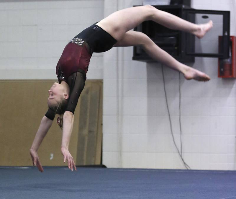 Prairie Ridge’s Bryleigh Cooper competes on the floor exercise during the IHSA Mundelein Gymnastics Sectional on Feb. 13, 2025, at Mundelein High School.