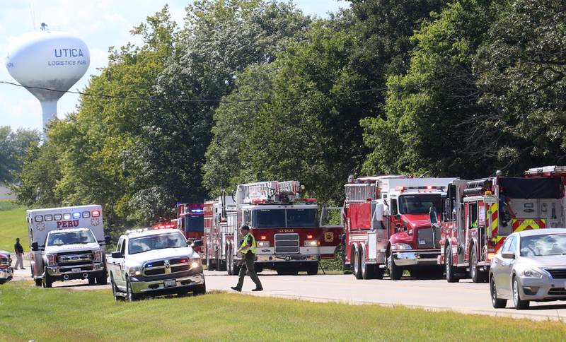 Emergency personnel from Peru, Wallace, Tonica, Utica and La Salle work the scene of a structure fire in the 800 block of U.S. Route 6 on Tuesday, Aug. 26, 2025 near Utica. The incident happened shortly after 3p.m.