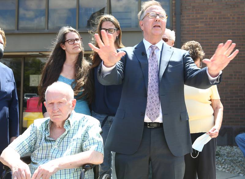 Chester Weger and his attorney Andy Hale speak outside the La Salle County Government Complex on Monday, Aug. 1, 2022 in Ottawa.