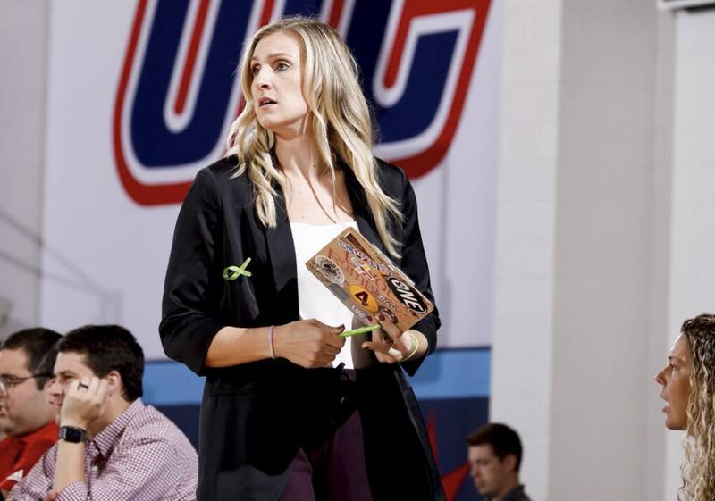 Assistant coach Sondra Parys watches her Loyola Chicago team play a game earlier this year. Parys was named head coach of the NIU volleyball program on Thursday, December 15, 2022.
