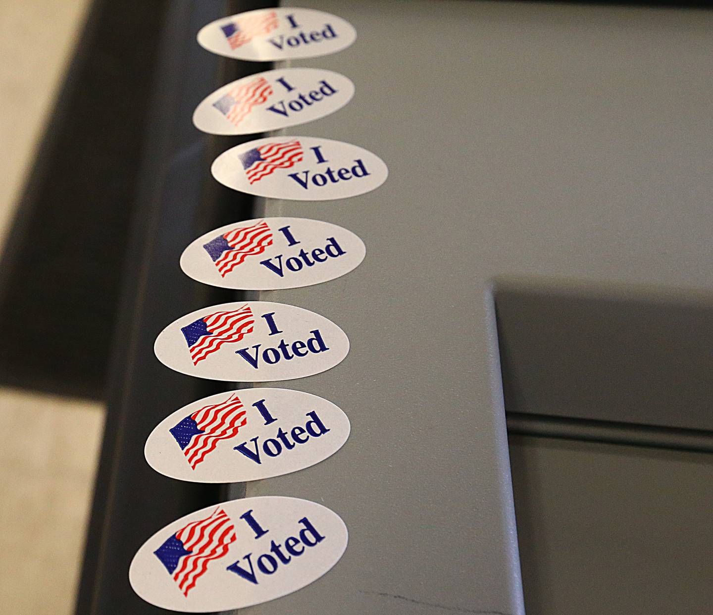 "I Voted" stickers are placed on a voting machine at the Ladd Community Center on Tuesday April 6, 2021.
