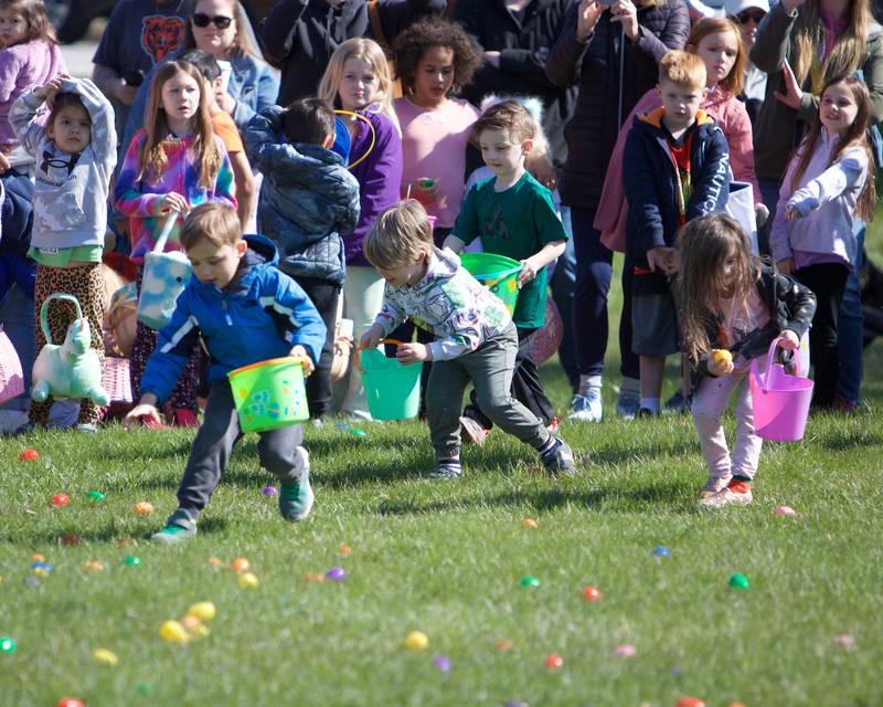 Kids running to find the eggs at the Batavia Easter Egg Hunt at Clark Island Recreation area on Saturday, April 12, 2025 in Batavia.