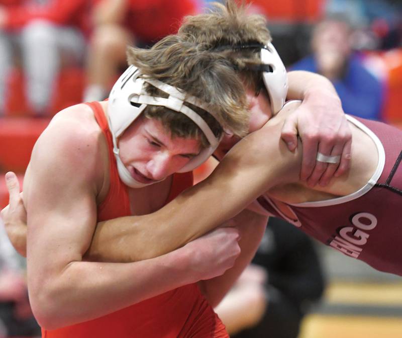 Oregon's Carter Benesh (left) and Marengo's Hayden Bebee wrestle at 132 pounds at the Stillman Valley Holiday Tournament on Saturday, Dec. 20, 2025 at Stillman Valley High School.