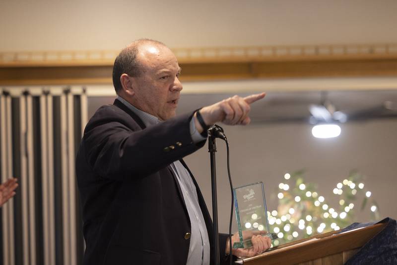 Chris Hammitt gestures after being named the 2025 Dixon Citizen of the Year Friday, April 4, 2025, at Discover Dixon’s Best of Dixon gala.