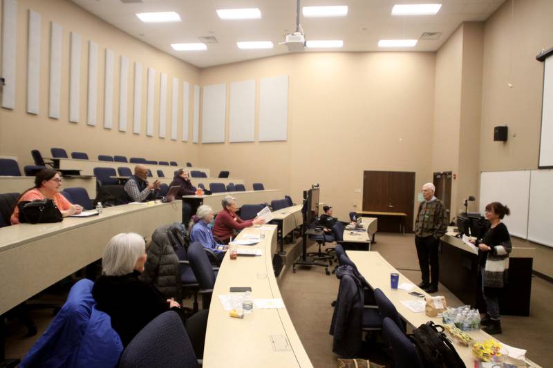 Craig Pfannkuche makes a presentation on cultivating research from railroad records during a meeting of the McHenry County Illinois Genealogical Society on Thursday, March, 9, at McHenry County College. Thursday was the group’s first in-person meeting since before the pandemic.