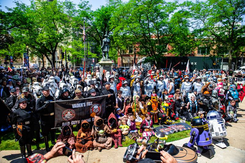 Parade participants gather for a group photo during Star Wars Day on Saturday, June 3, 2023 in Joliet.