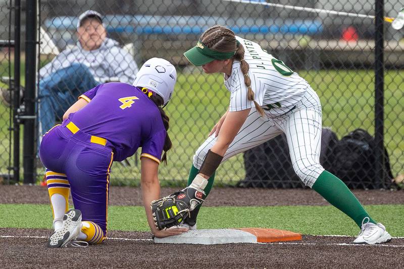 (00) J. Pinter of St. Bede attempts to tag out (4) Makenzy Moran of Sherrard on Tuesday, May 27, 2025 at Illinois Valley Central High School in Chillicothe.