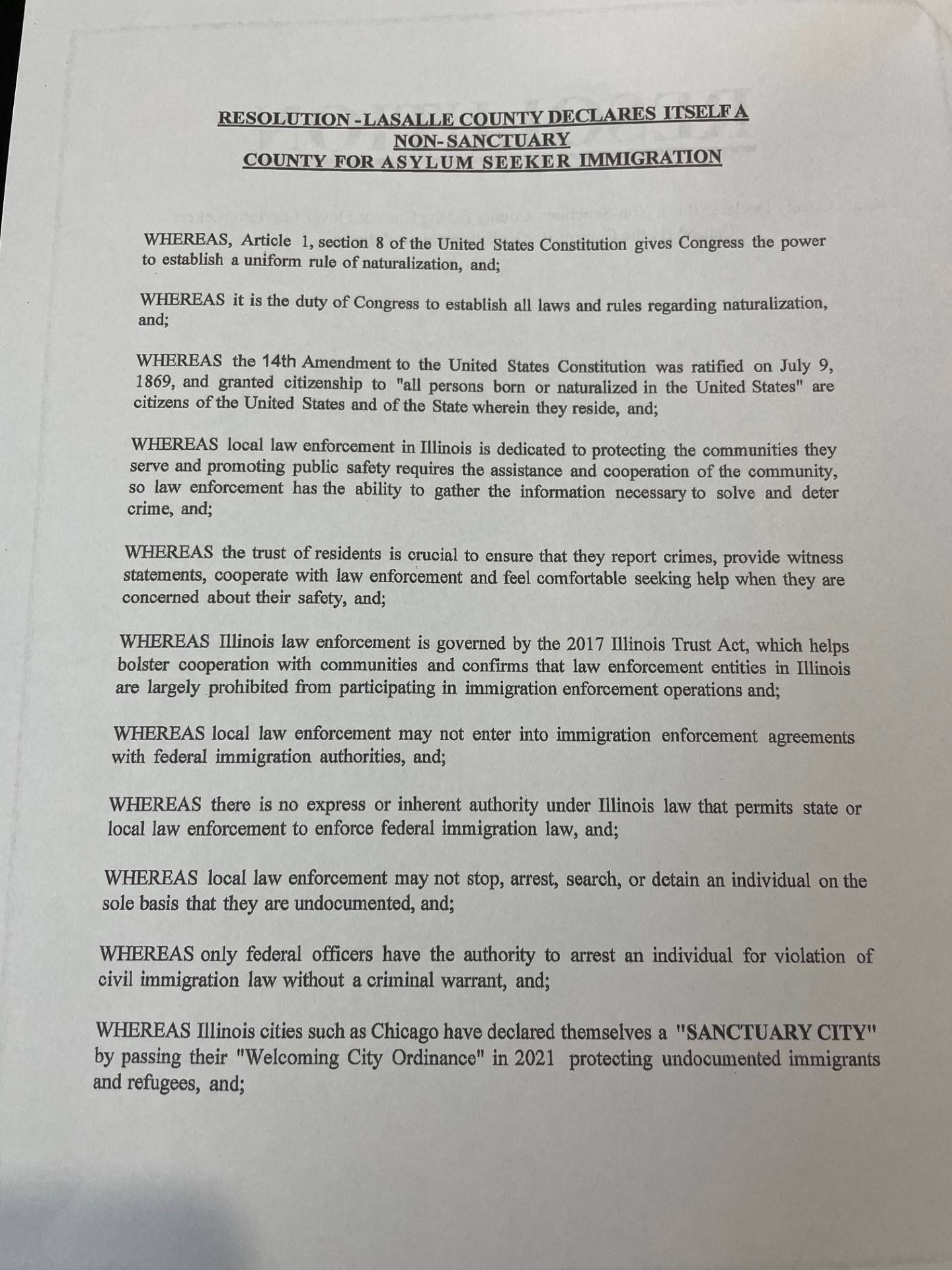 Page 1 of the 'no sanctuary' resolution placed Thursday, Jan. 11, 2024, before the La Salle County Board.