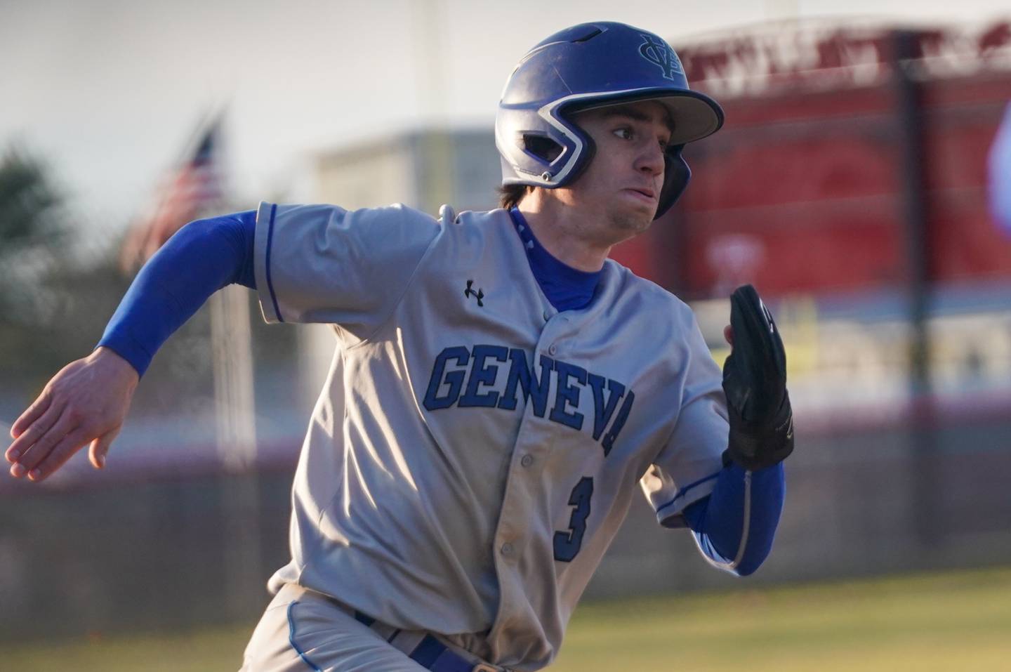 Geneva’s Nate Stempowski (3) rounds third against Yorkville during a baseball game at Yorkville High School on Thursday, March 21, 2024.