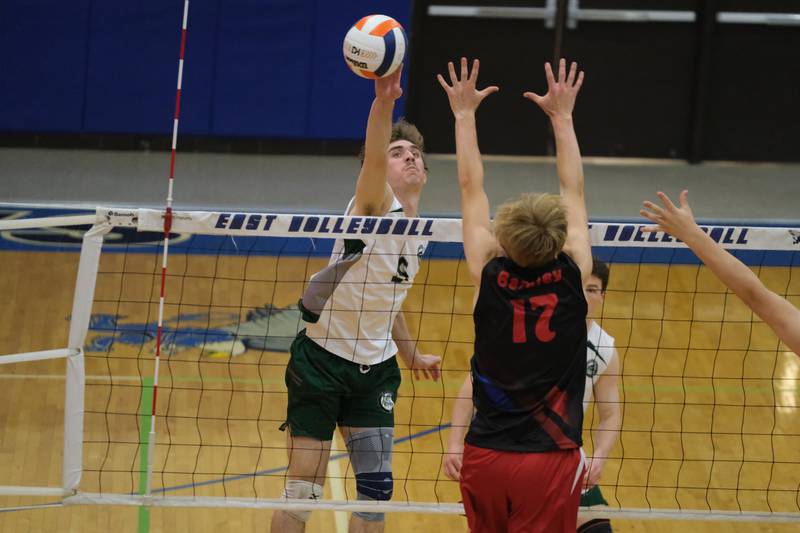 Glenbard West’s Gavin Swartz stretches for a shot against Roncalli (IN) in the Lincoln-Way East Tournament title match. Saturday, April 30, 2022, in Frankfort.