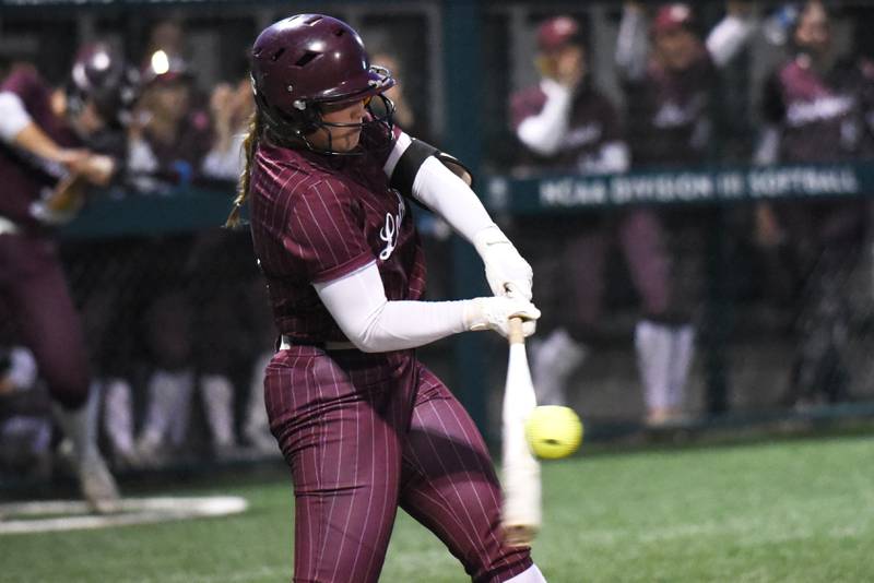 Lockport's Sophia Hutera hits a pitch during the Class 4A Illinois Wesleyan Supersectional against Bradley-Bourbonnais Monday, June 9, 2025.