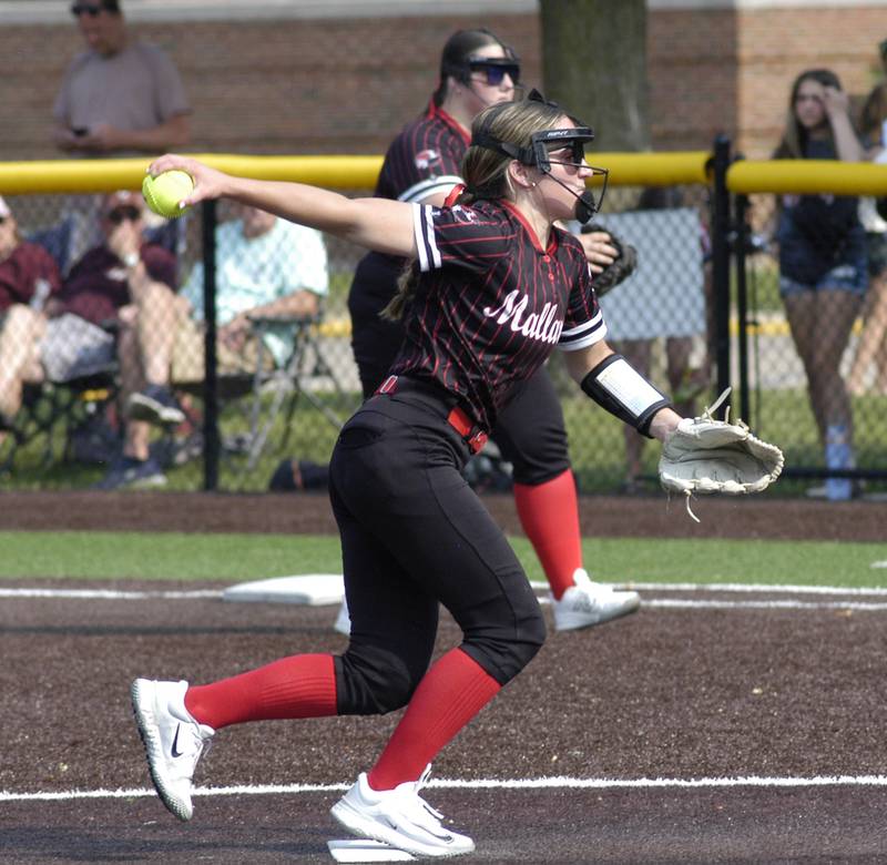 Henry-Senachwine pitcher Lauren Harbison pitches to a batter.Dakota and Henry-Senachwine softball met in  Illinois  Class 1A Super Sectional in Sterling on June 2, 2025. Dakota won the contest 2-0.