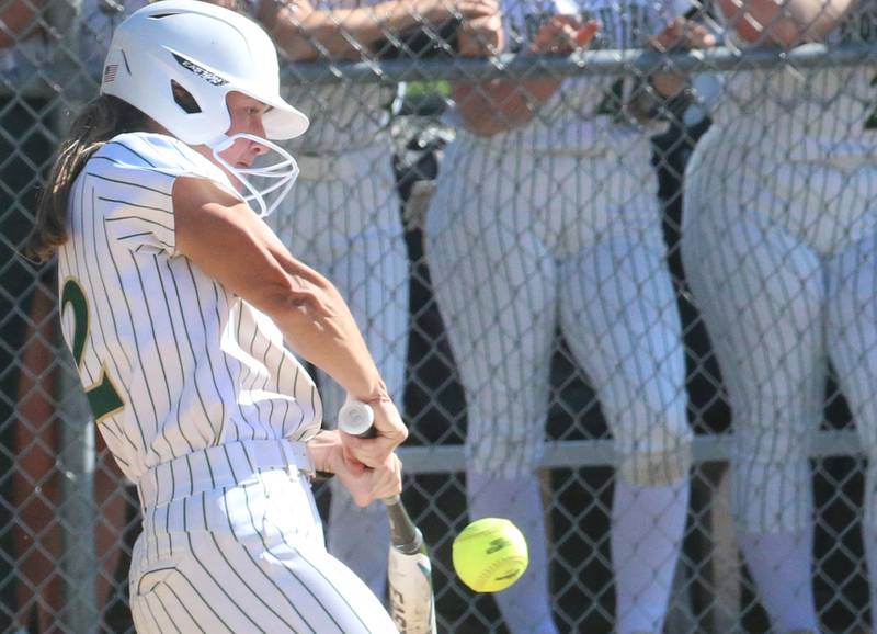 St. Bede's Ella Hermes smacks a hit against Midwest Central during the Class 2A Regional final on Friday, May 17, 2024 at at Abbot Phillip Davy Field.