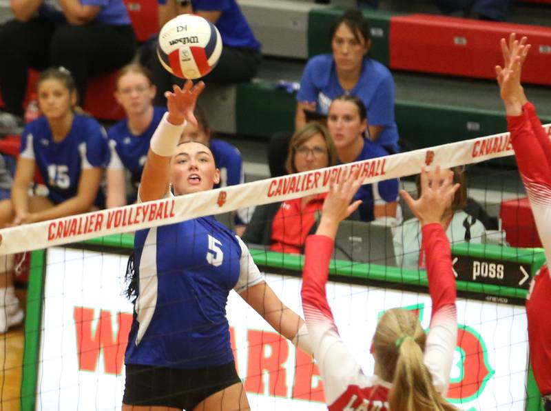 Princeton's Kely Lawson sends the ball over the net to the L-P side on Tuesday, Aug. 26, 2025 in AJ Sellett Gymnasium at L-P High School.