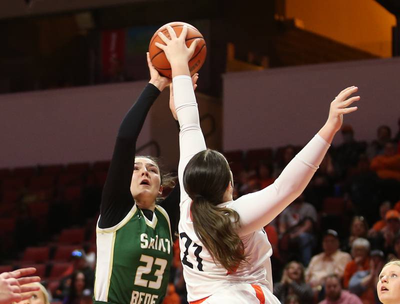 Altamont's Kaylee Lurkins blocks St. Bede's Ali Bosnich shot during the Class 1A third-place game on Thursday, Feb. 29, 2024 at CEFCU Arena in Normal.