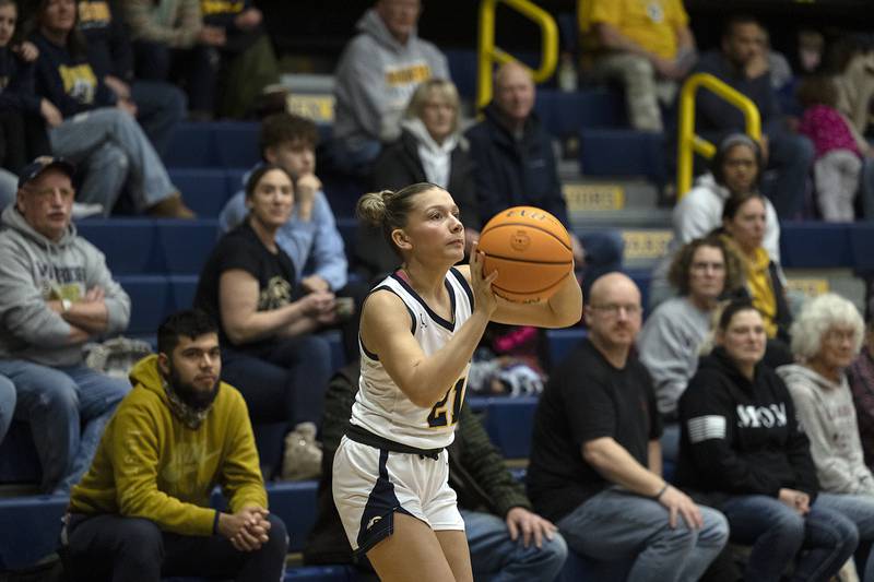 Sterling’s Jae James puts up a three point shot against Rochelle Monday, Feb. 17, 2025, during the girls 3A regional semifinal game in Sterling.