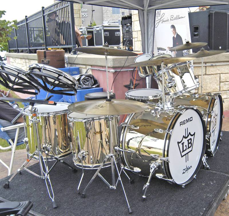 One of many Louie Bellsons drum kit sits near the stage. The  Bellson Music fest was held on Saturday, June 7, 2025 at RB&W District Amphitheater in Rock Falls.