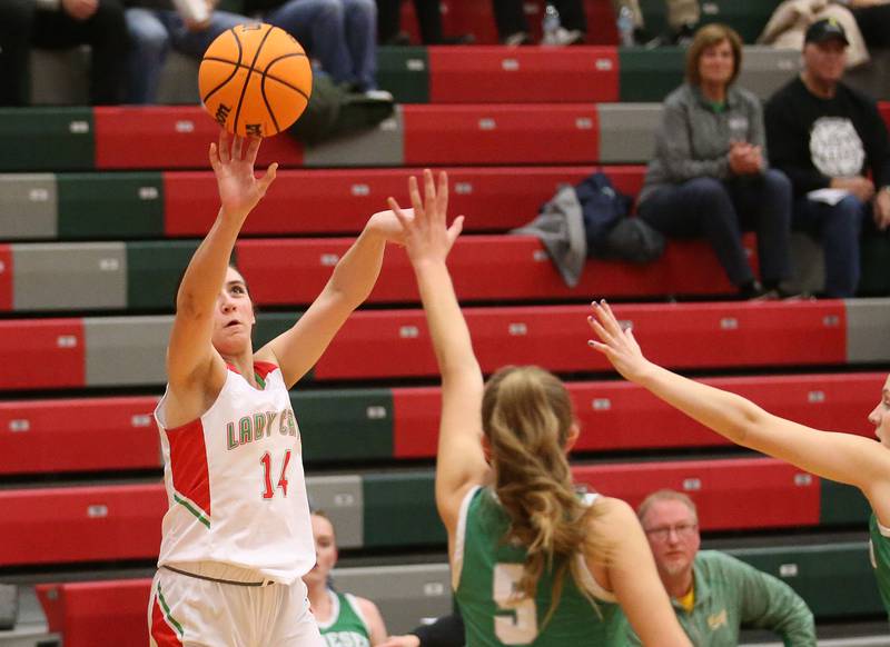 L-P's Drew Depenbrock takes a jump shot over Geneseo's Addison Snodgrass on Tuesday, Feb. 4, 2025 in AJ Sellett Gymnasium at L-P High School.