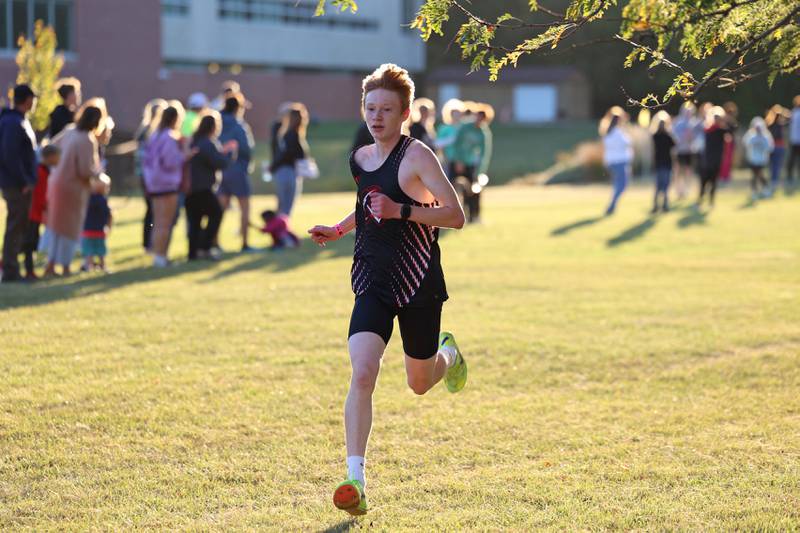 Bradley-Bourbonnais' Caden Weimer nears the finish line in the boys 3-mile race during All-Area Cross Country meet on Wednesday, Oct. 8, 2025, at Kankakee Community College.