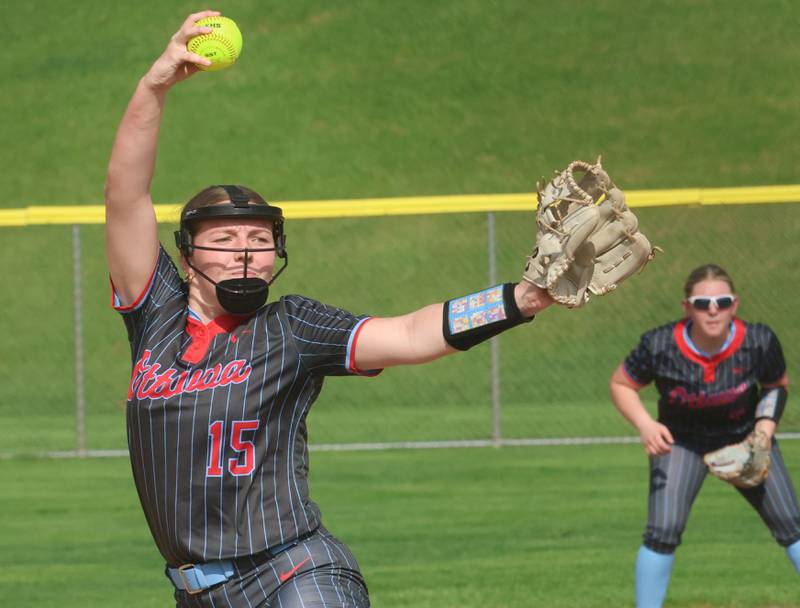 Ottawa's Addie Russell lets go of a pitch to L-P on Tuesday, April 14, 2026 at Ottawa High School.