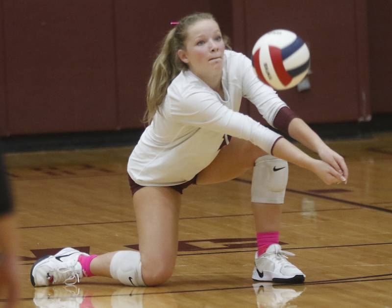 Prairie Ridge's Tegan Vrbancic bumps the ball during a Fox Valley Conference volleyball match against Huntley on Tuesday, Oct. 14, 2025, at the Prairie Ridge High School in Crystal Lake.