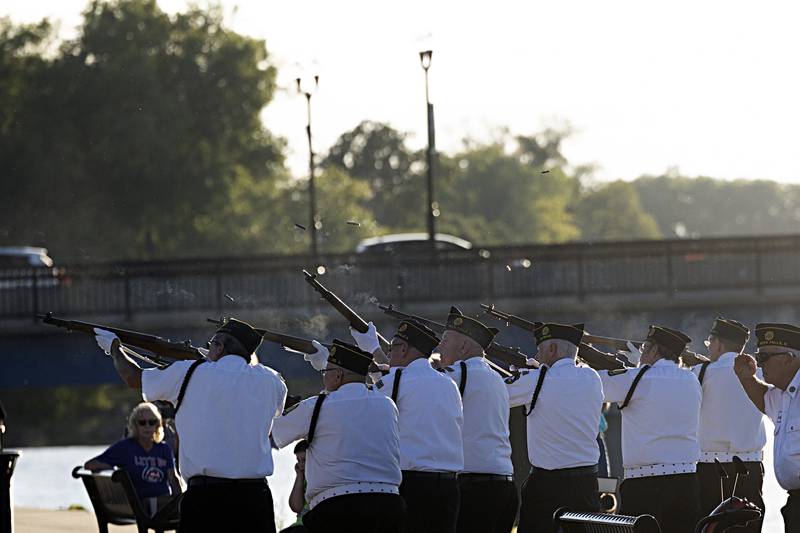 A three volley rifle salute is performed by the Rock Falls American Legion honor guard Friday, Sept. 1, 2023 to close the opening ceremony of the Vietnam Traveling memorial Wall in Rock Falls.
