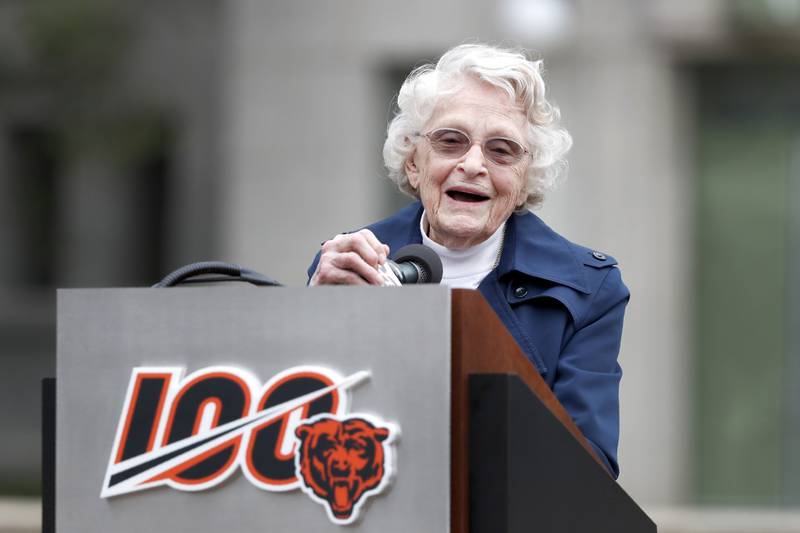 Chicago Bears owner Virginia Halas McCaskey, daughter of Bears' founder George S. Halas, speaks during a unveiling ceremony outside Soldier Field of statues honoring her father and Walter Payton, Tuesday, Sept. 3, 2019, in Chicago.