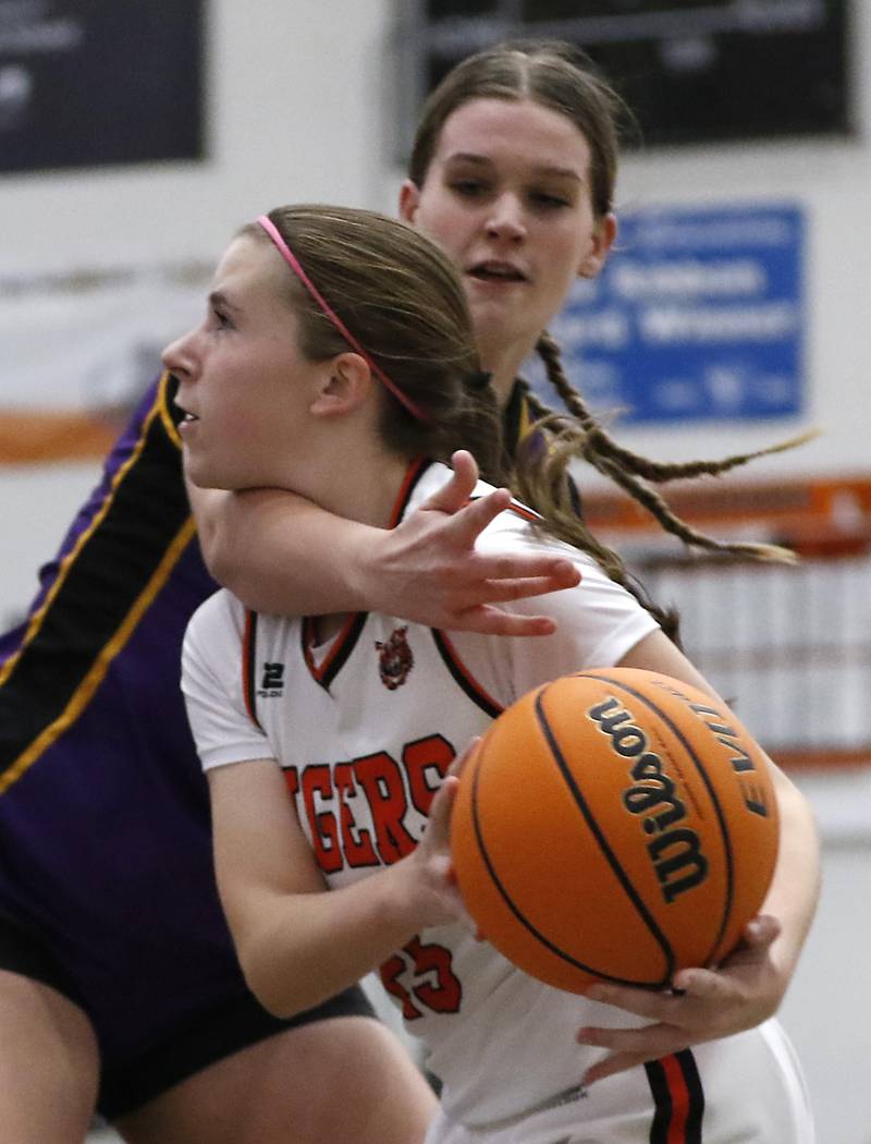 Crystal Lake Central's Katelyn Hallum is fouled by Wauconda's Kelsey Piehl as she drive to the basket during the Northern Illinois Holiday Classic Championship game on Thursday, Dec. 19, 2024, at McHenry High School.