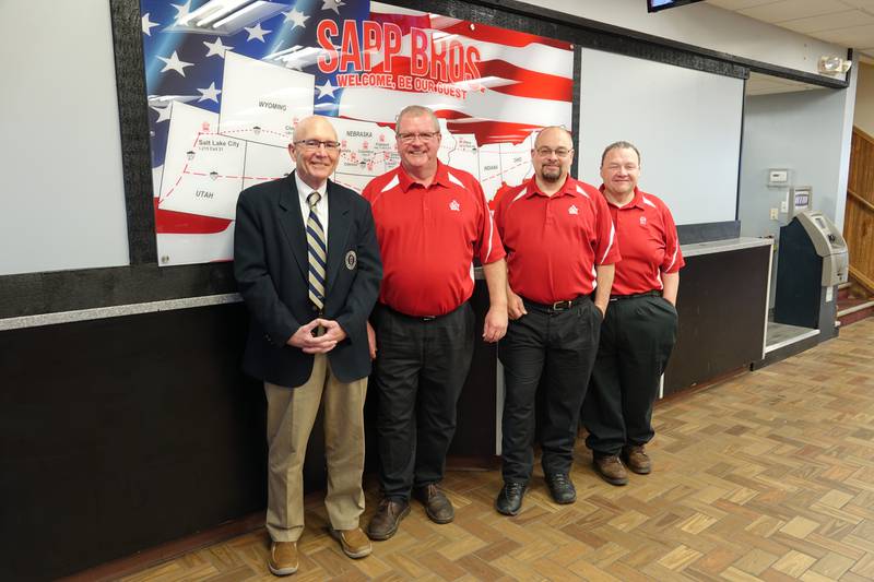 Sapp Bros. Travel Center in Peru recently donated to support students in Illinois Valley Community College’s Truck Driver Training program. The $1,000 gift will be split with two students entering IVCC’s four-week program. IVCC President Jerry Corcoran (left) is joined by Sapp Bros. General Manager Kevin Cassidy, fuel and operations manager Tom Stack and store manager Rick Smith.