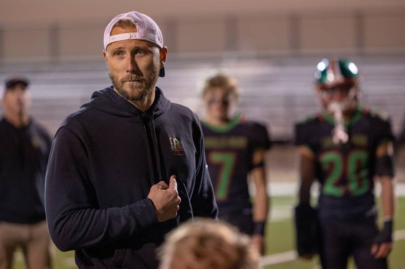 L-P Head Coach JJ Raffelson, sheds tear whilst speaking to team after loss to O’ Fallon in final regular season game of the 2025 season on Friday, October 24, 2025 at Howard Fellows Stadium in LaSalle.