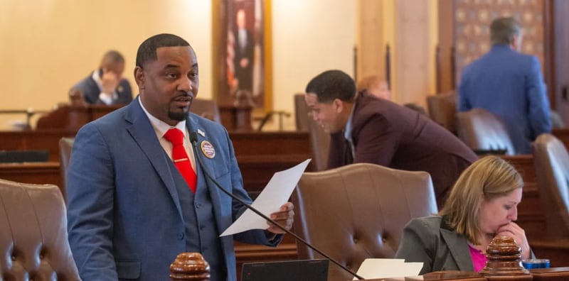 Sen. Willie Preston, D-Chicago, speaks on the Illinois Senate floor on Wednesday in favor of his bill to require anti-bias training for maternal health providers.