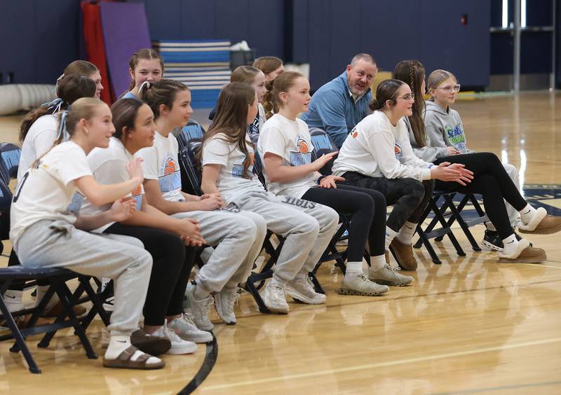 Members of the Bureau Valley Storm seventh-grade girls basketball are recognized during a prep rally on Thursday, Dec. 11, 2025 at Bureau Valley High School in Manlius. The Storm (23-1) will meet undefeated Mt. Sterling Brown County (25-0) for the IESA Class 2A state title at 7:30 p.m tonight.