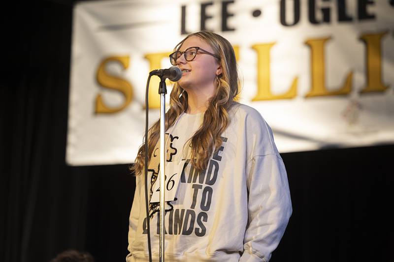 Sophie Torman of Paw Paw Elementary competes Thursday, Feb. 19, 2026, during the Lee-Ogle-Whiteside County Regional Spelling Bee. Torman went out in round 1 on the word nozzles.