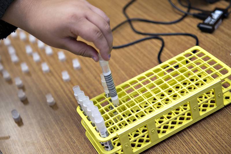 After providing the sample and having it scanned, a vial is placed in a holder during COVID-19 Shield Illinois testing at Sterling High School.