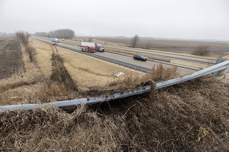 Tracks show the truck traveling east on Interstate 88, leaving the roadway and going up and over Bollman Road on Monday, Feb. 3, 2025.