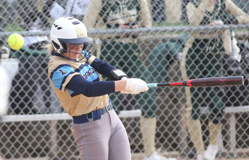 Marquette's Anna Hjerpe swings a misses at a pitch from St. Bede on Monday, April 22, 2024 at St. Bede Academy.