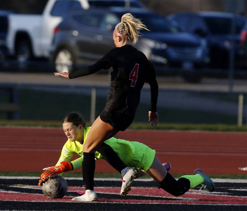 Crystal Lake Central's Ryleigh Smith grabs the ballin front of Huntley's Brooke Maxedon during a Fox Valley Conference  soccer match on Tuesday, April 15, 2025, at Huntley High School.