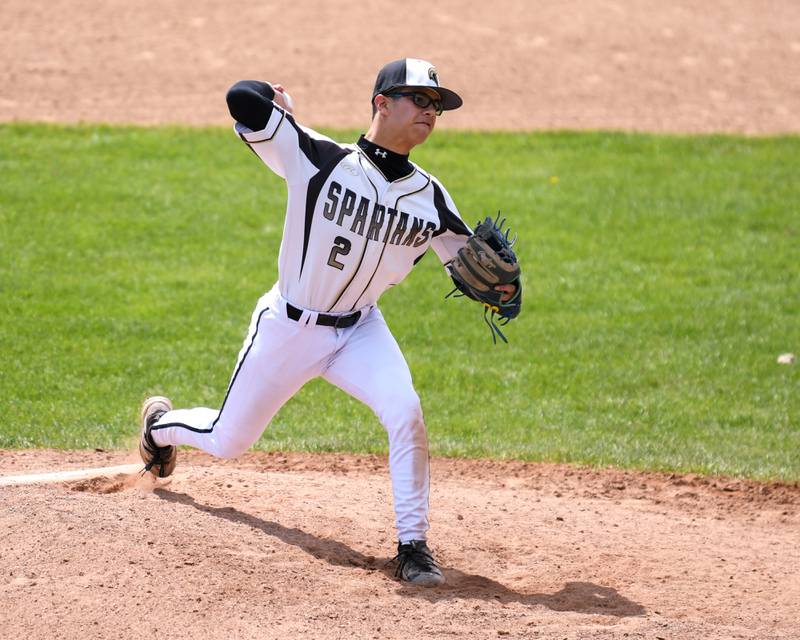Sycamore's Sawyer Valdez (2) pitches during the game on Saturday May 3, 2025, while taking on DeKalb High School held at Sycamore Park District Sports Complex.