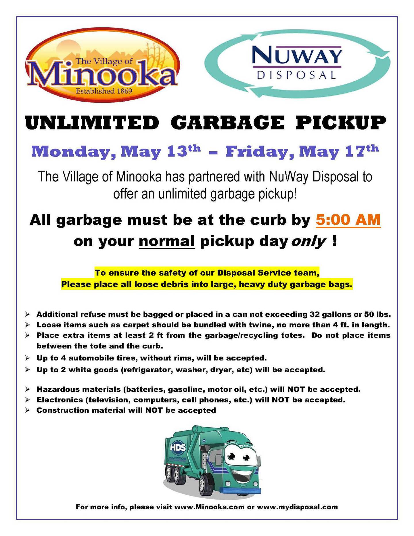 The flyer for the Village of Minooka and NuWay Disposals unlimited garbage pickup.