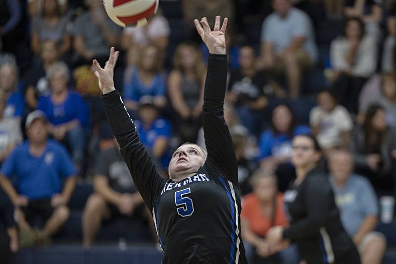 Newman’s Molly Olson sets the ball against Bureau Valley Thursday, Sept. 28, 2023 at Newman.